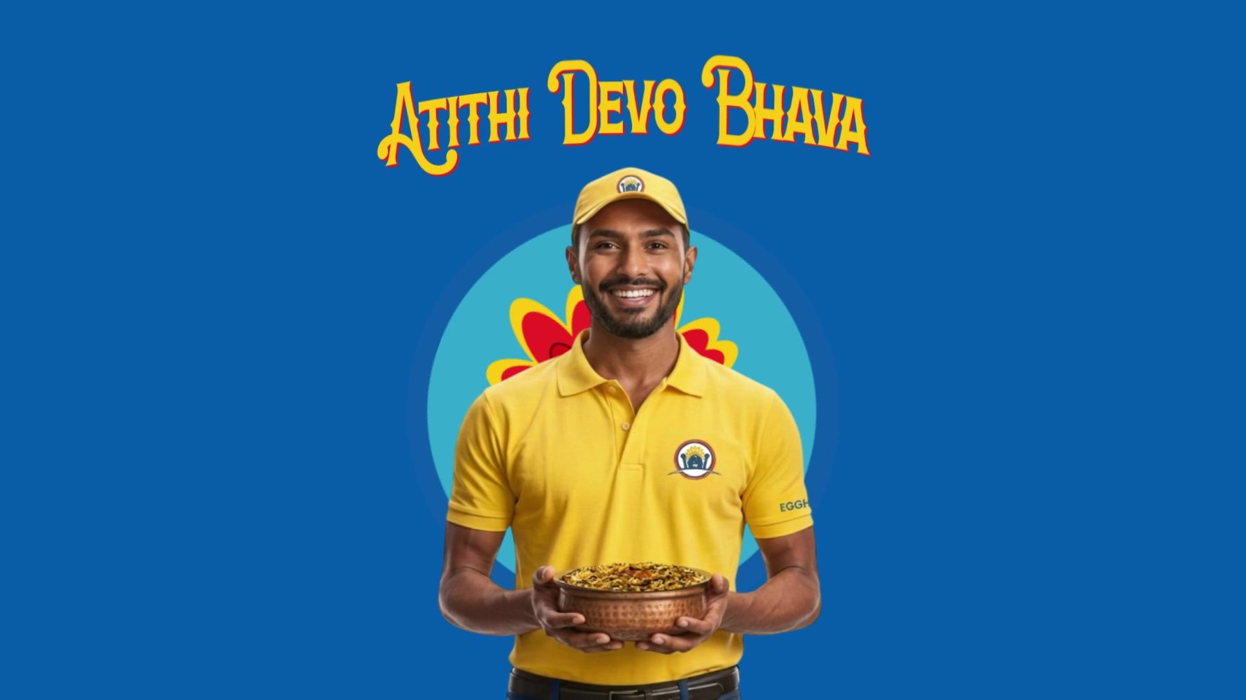 An Eggholic host holding a plate under the line Atithi Devo Bhava