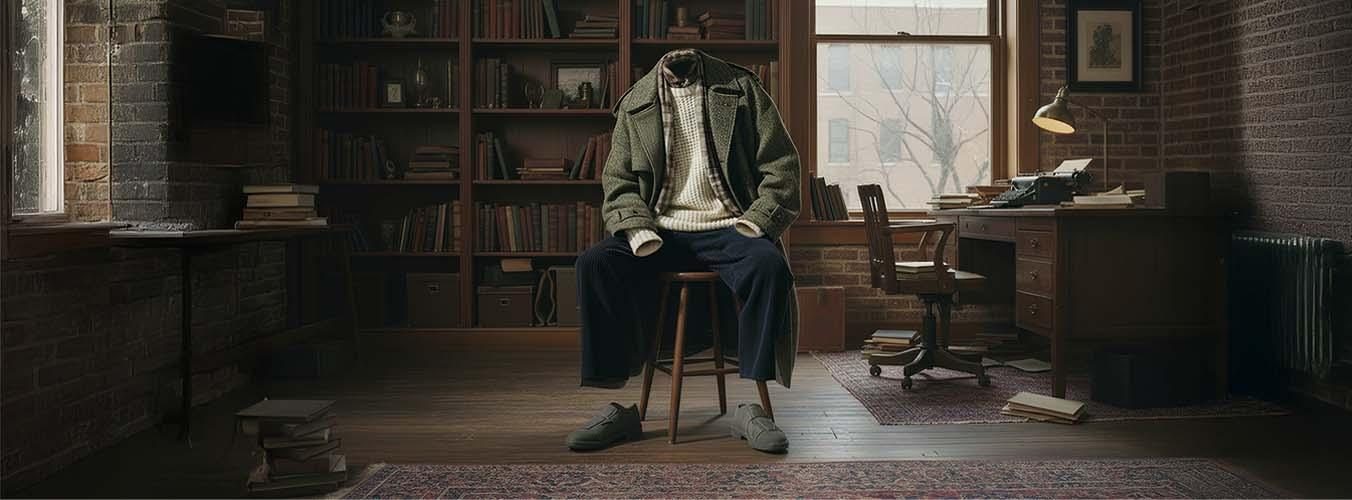 A lookbook scene of a man in a library wearing J Town shoes